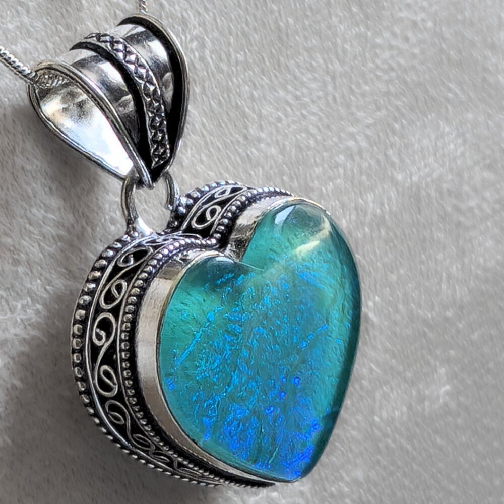 AUSTRALIAN TRIPLET OPAL HEART PENDANT STERLING CHAIN 100% ARTISAN NEWHANDCAFTED - Picture 5 of 10